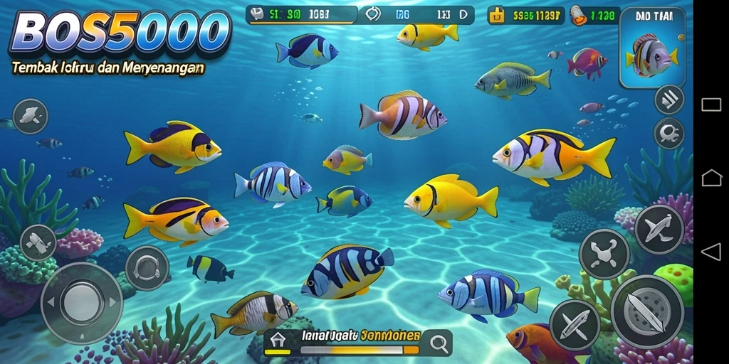 Tampilan gameplay seru dalam BOS5000, menangkap ikan besar.