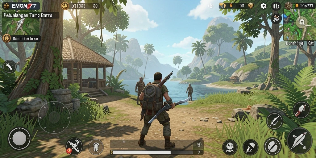 Screenshot gameplay EMON77 menunjukkan eksplorasi luas dan grafis yang memukau.