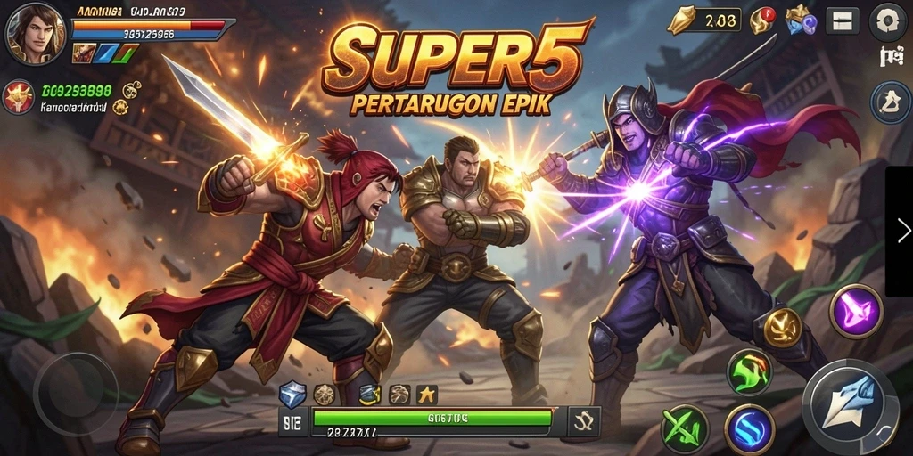 Screenshot SUPER5 menunjukkan aksi pertarungan intens dengan karakter yang dinamis.
